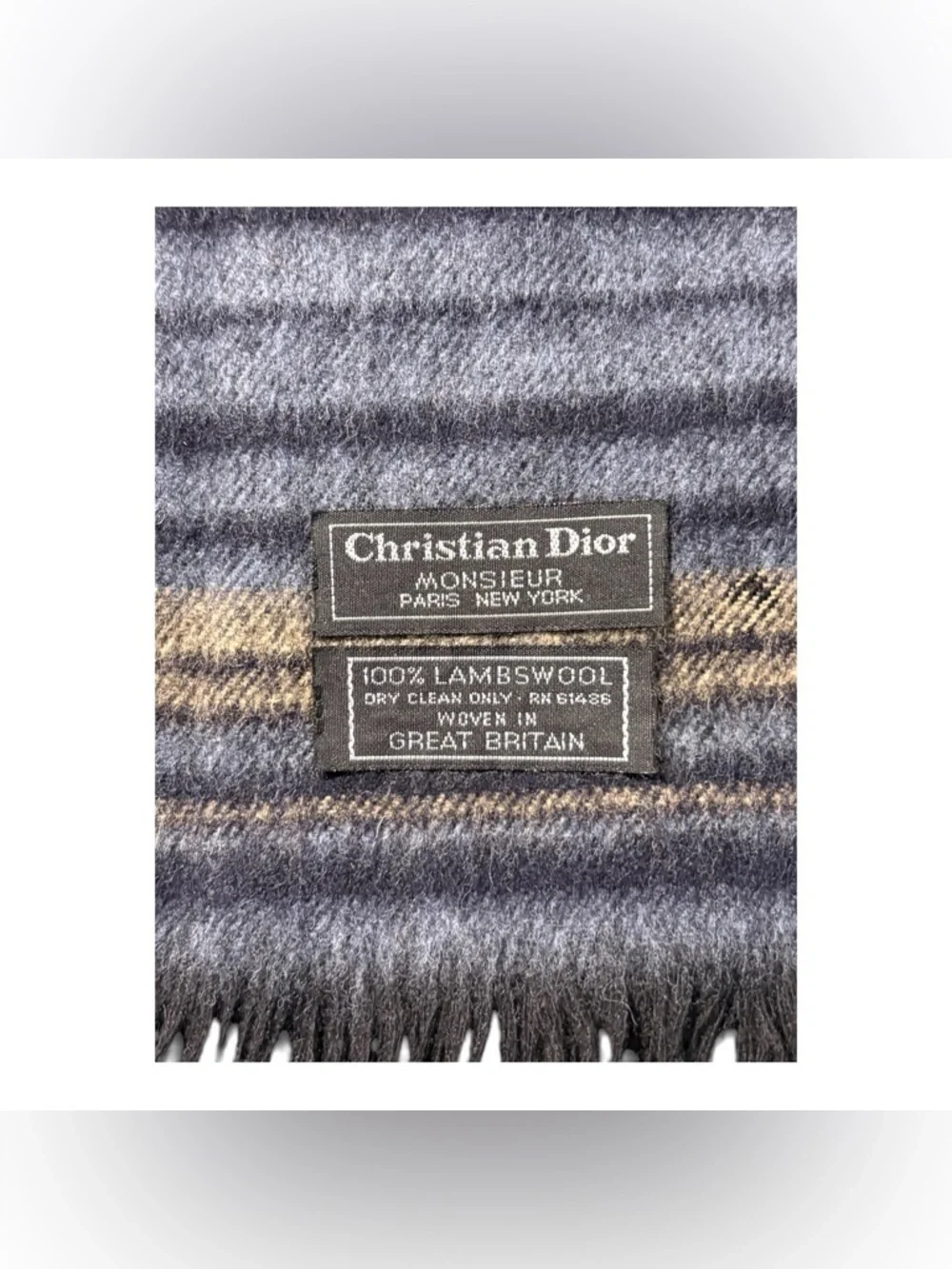 Vintage Christian Dior Monsieur 100% Lambswool Scarf w Fringe Blue Brown Striped
